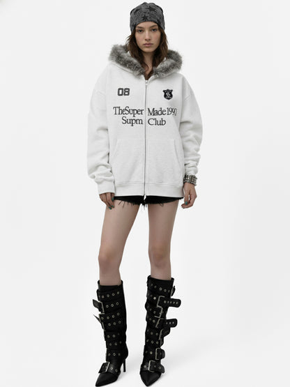 Letter Medal Embroidered Cardigan Fur Collar Hooded Sweatshirt - 2502