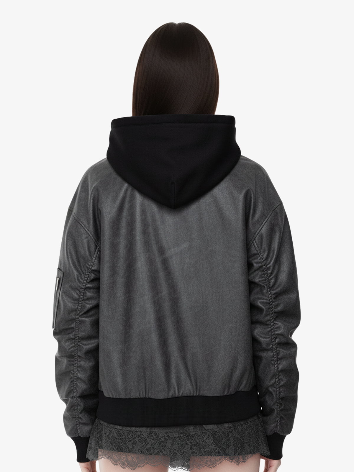 Retro Leather Faux Two-Piece Hooded Padded Bomber Jacket