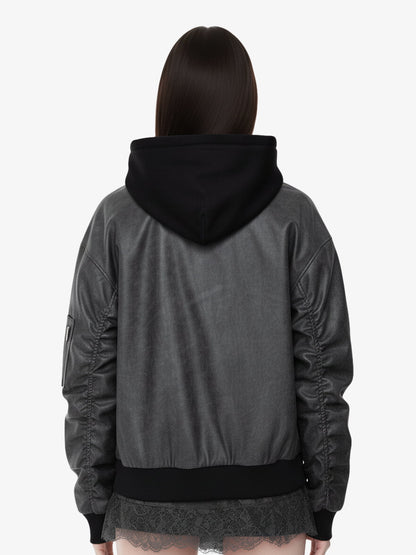 Retro Leather Faux Two-Piece Hooded Padded Bomber Jacket