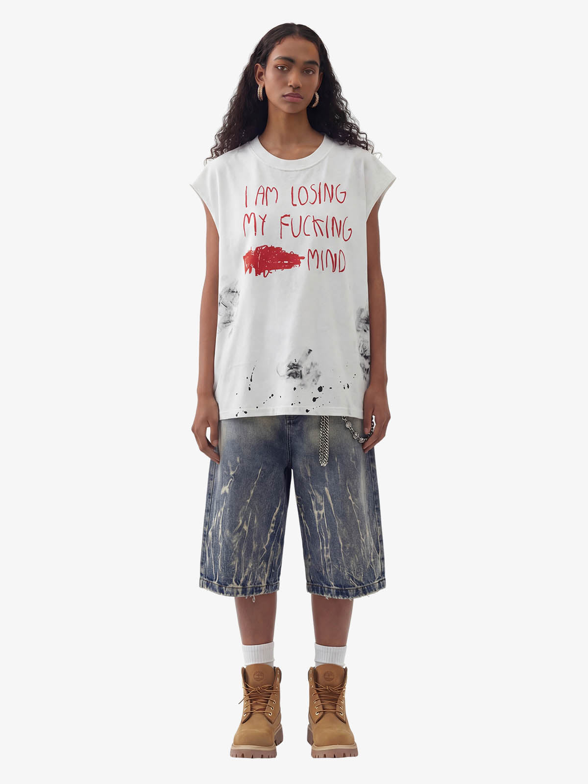 Grunge Slogan Print Distressed Raw Hem Sleeveless T-Shirt