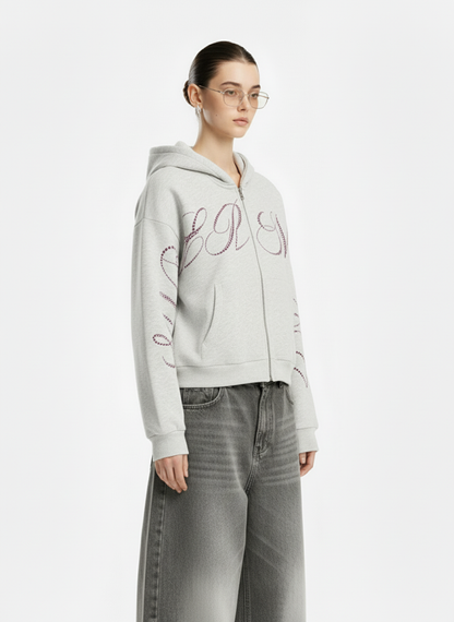 Street Hip-Hop Rhinestone Cropped Hooded Sweatshirt