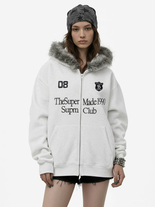 Letter Medal Embroidered Cardigan Fur Collar Hooded Sweatshirt - 2502