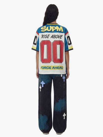 Color-Block Digital Print Mesh V-Neck Jersey