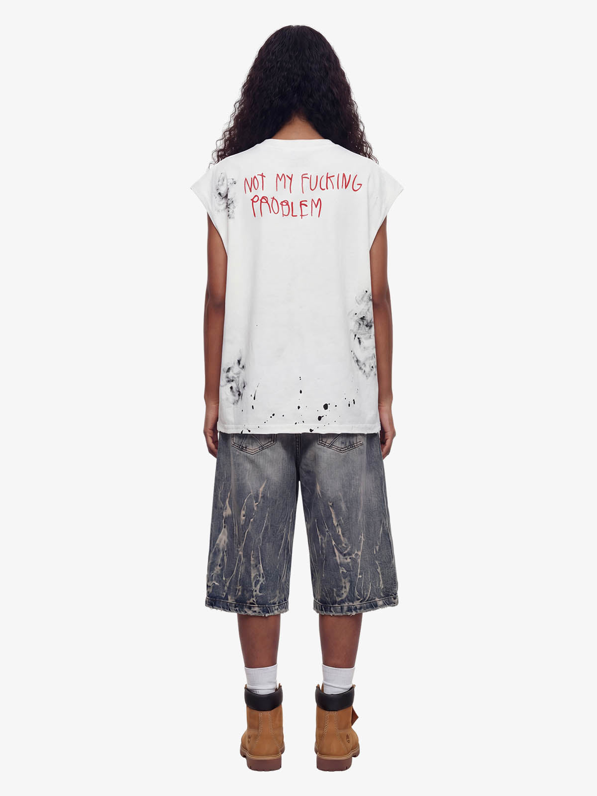 Grunge Slogan Print Distressed Raw Hem Sleeveless T-Shirt