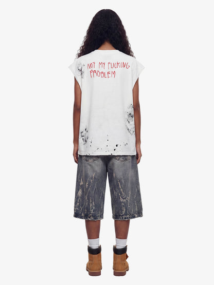 Grunge Slogan Print Distressed Raw Hem Sleeveless T-Shirt