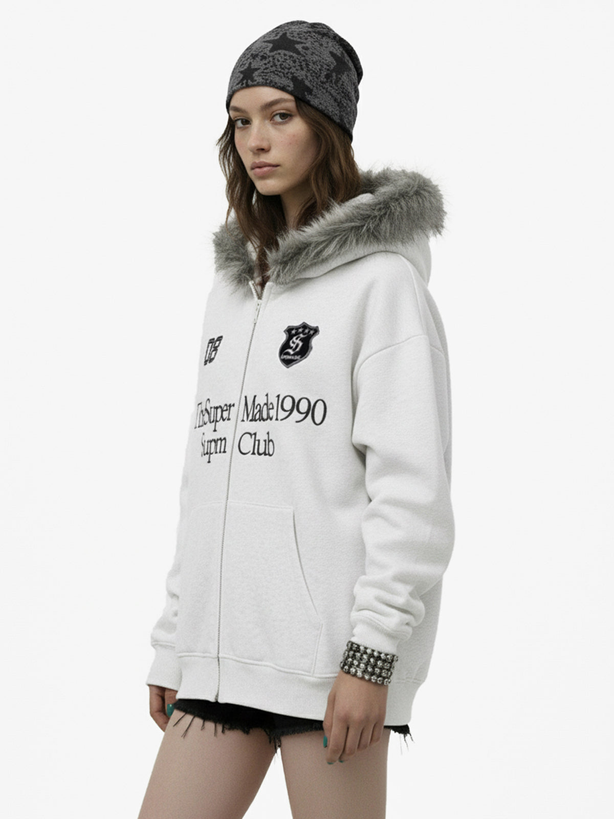 Letter Medal Embroidered Cardigan Fur Collar Hooded Sweatshirt - 2502