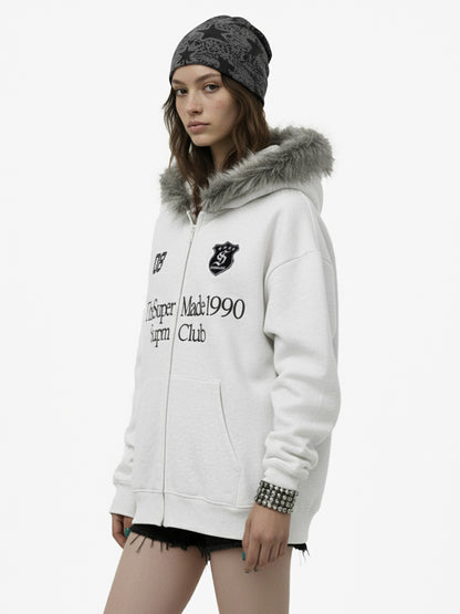 Letter Medal Embroidered Cardigan Fur Collar Hooded Sweatshirt - 2502