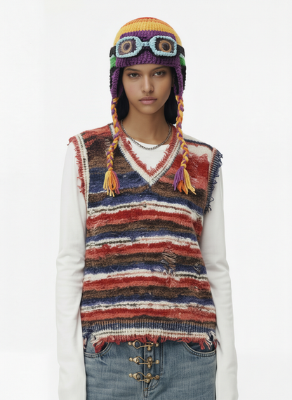 Colorblock Crochet Goggles Trapper Hat