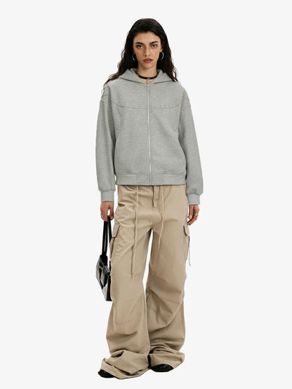Rivet Detail Fleece Zip Up Hoodie