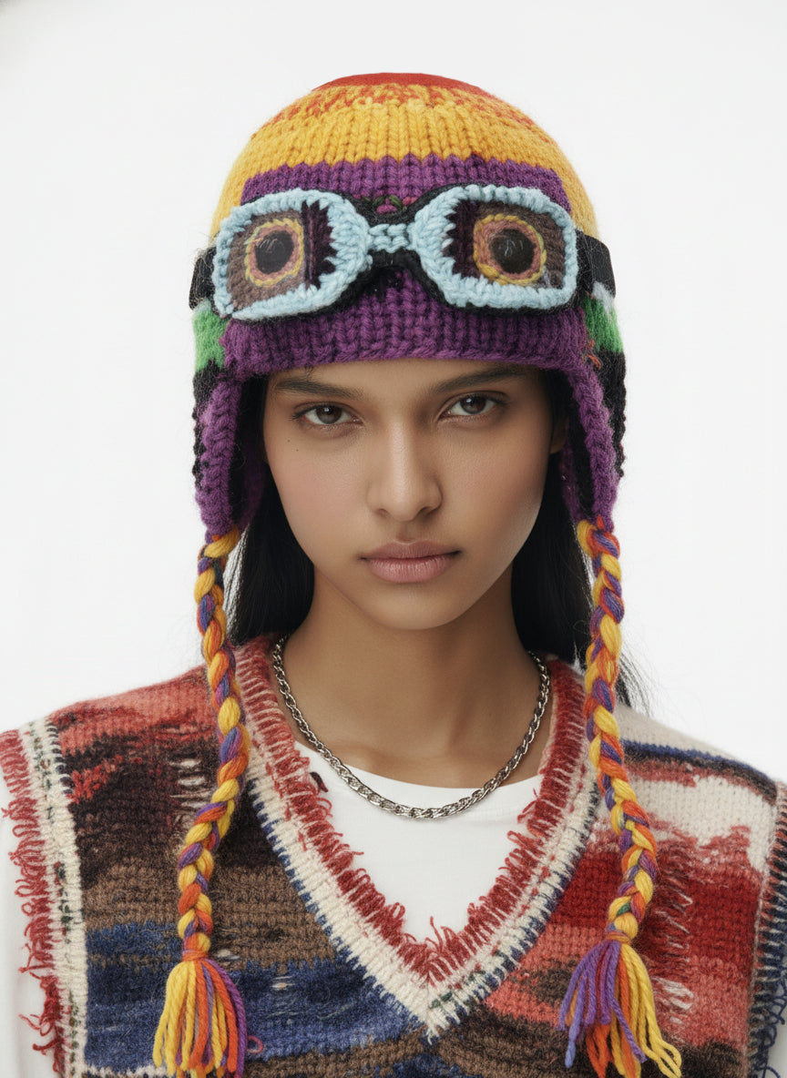 Colorblock Crochet Goggles Trapper Hat