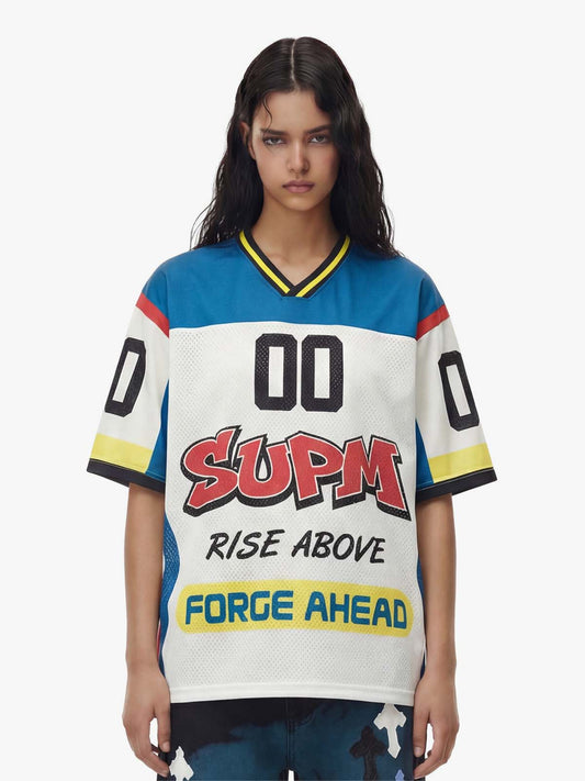 Color-Block Digital Print Mesh V-Neck Jersey