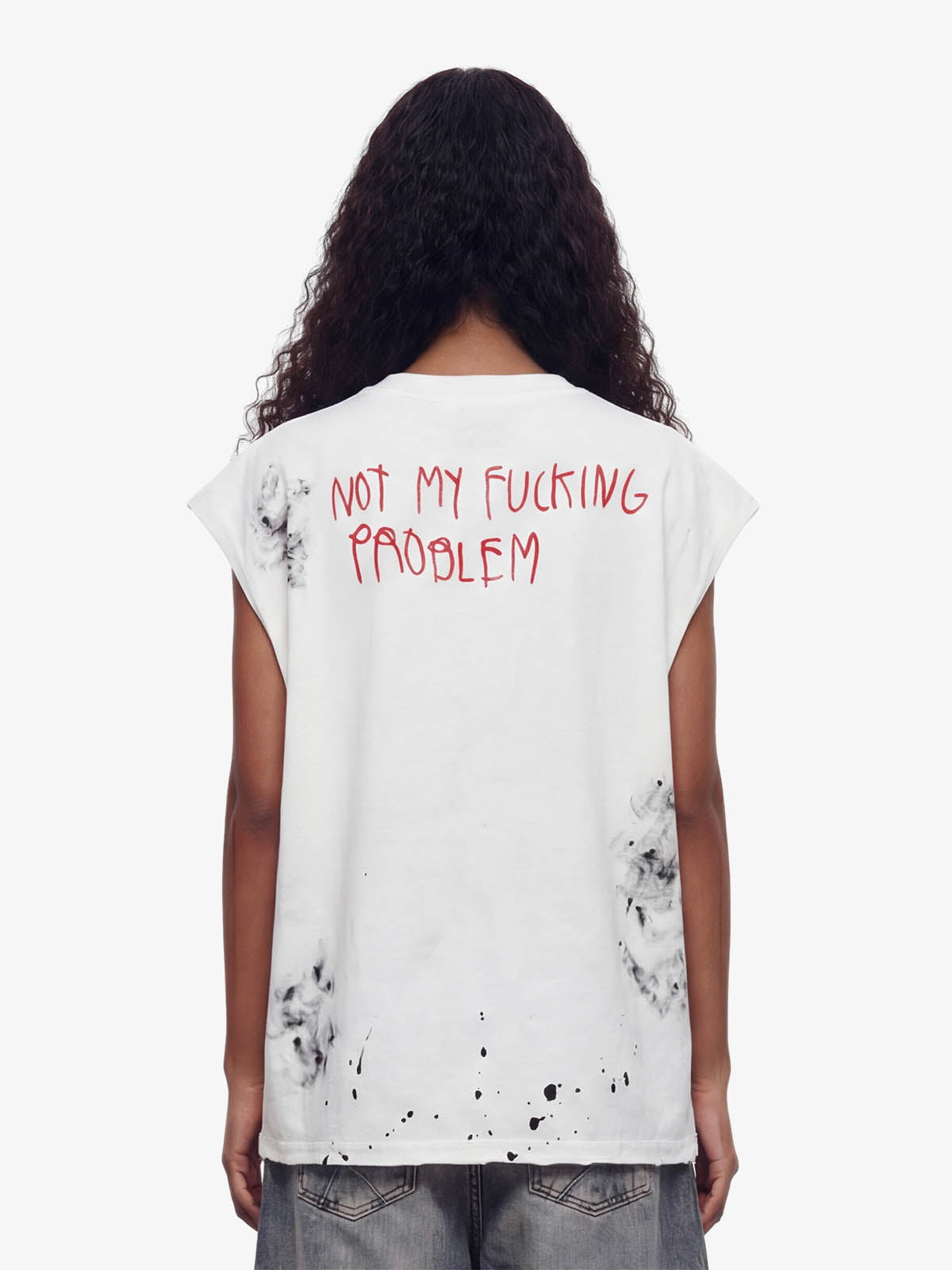 Grunge Slogan Print Distressed Raw Hem Sleeveless T-Shirt