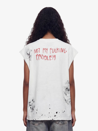 Grunge Slogan Print Distressed Raw Hem Sleeveless T-Shirt