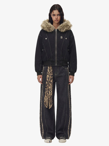 Faux Fur Lined Zip Up Hooded Bomber Jacket