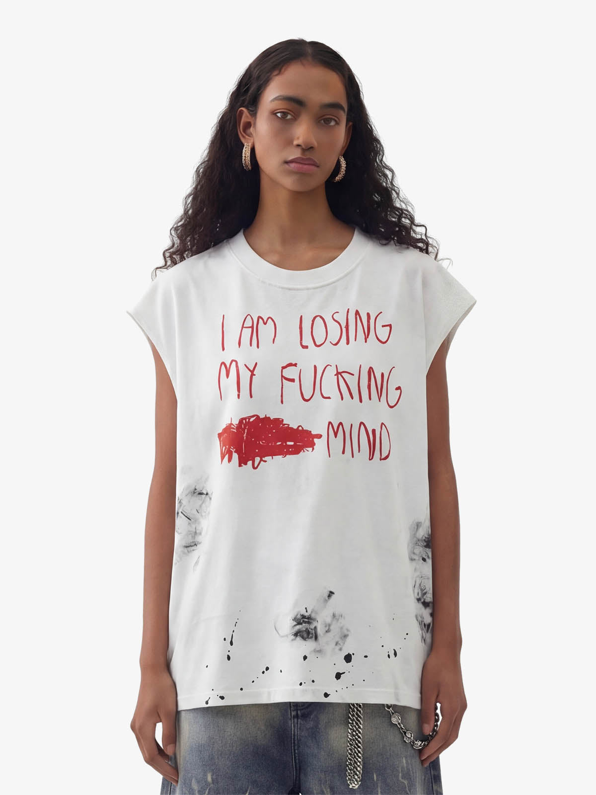 Grunge Slogan Print Distressed Raw Hem Sleeveless T-Shirt