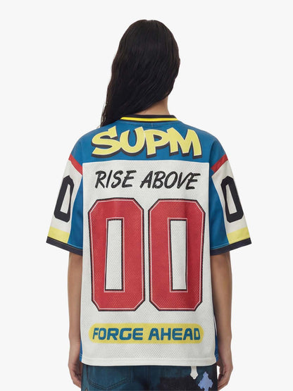 Color-Block Digital Print Mesh V-Neck Jersey