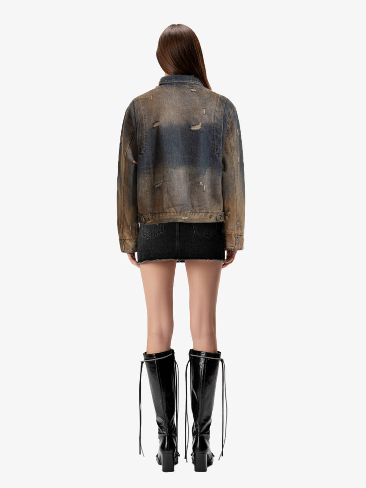 Vintage Washed Distressed Denim Zip Up Jacket