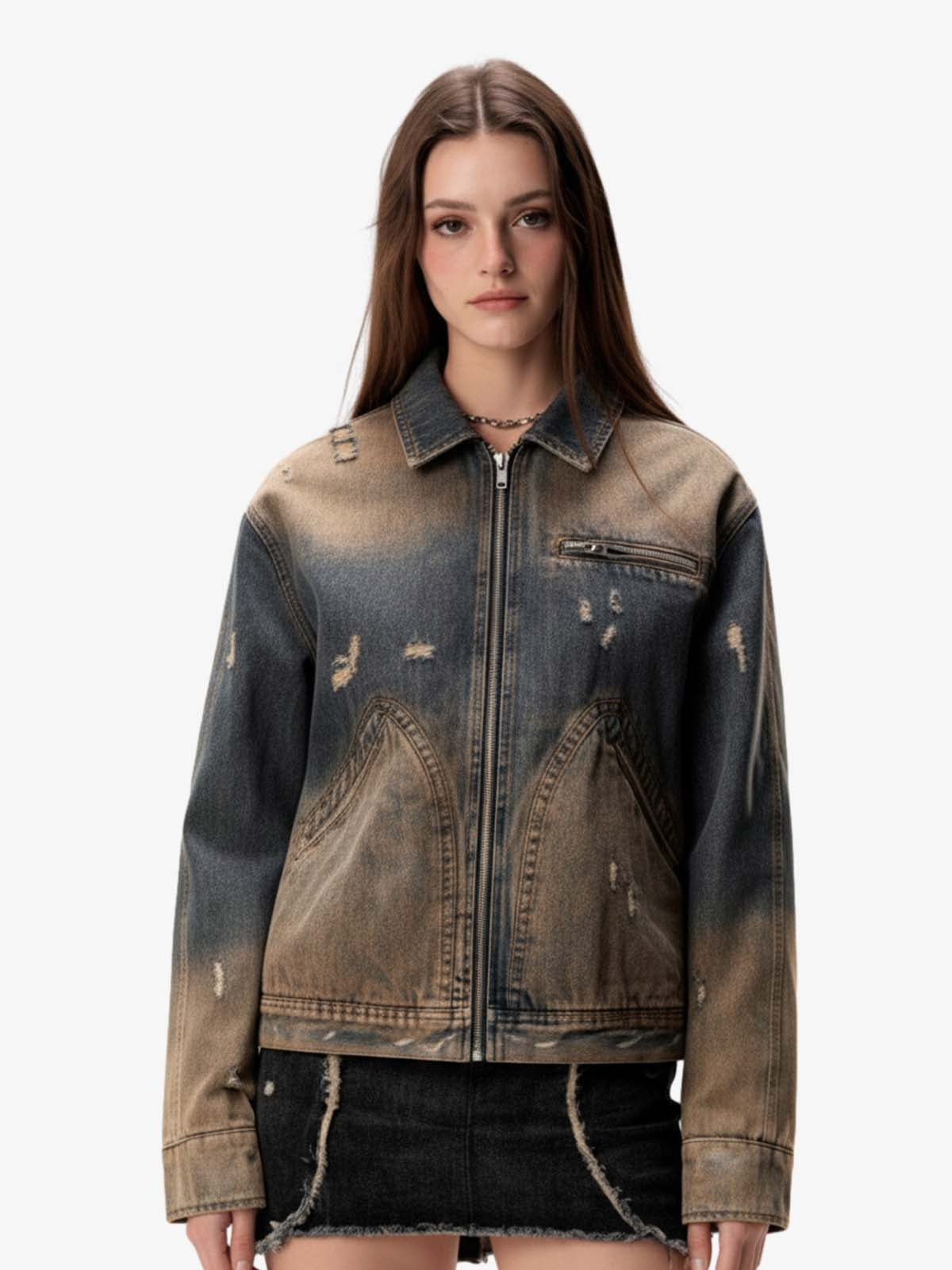 Vintage Washed Distressed Denim Zip Up Jacket