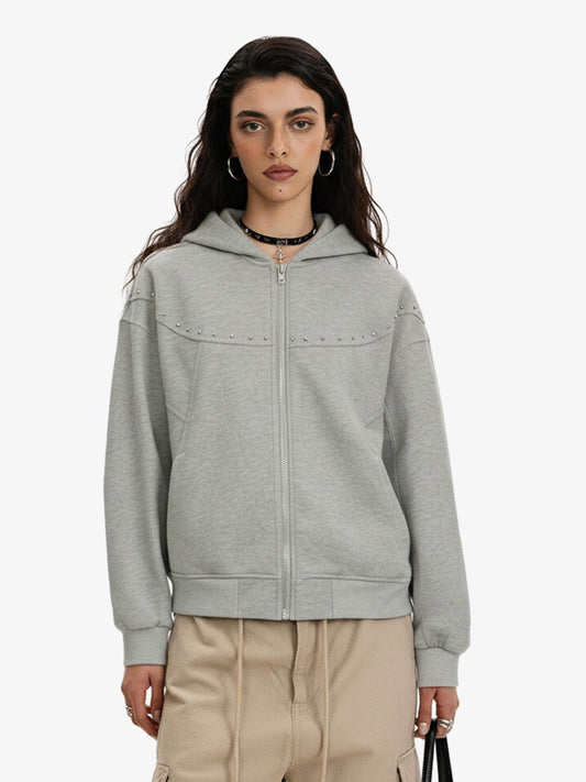 Rivet Detail Fleece Zip Up Hoodie