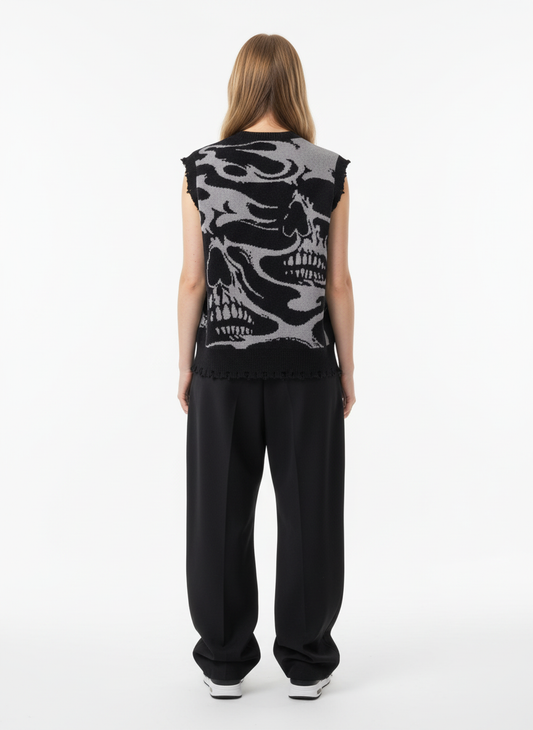 High Street Dark Skull Frayed-edge V-neck Sweater Vest