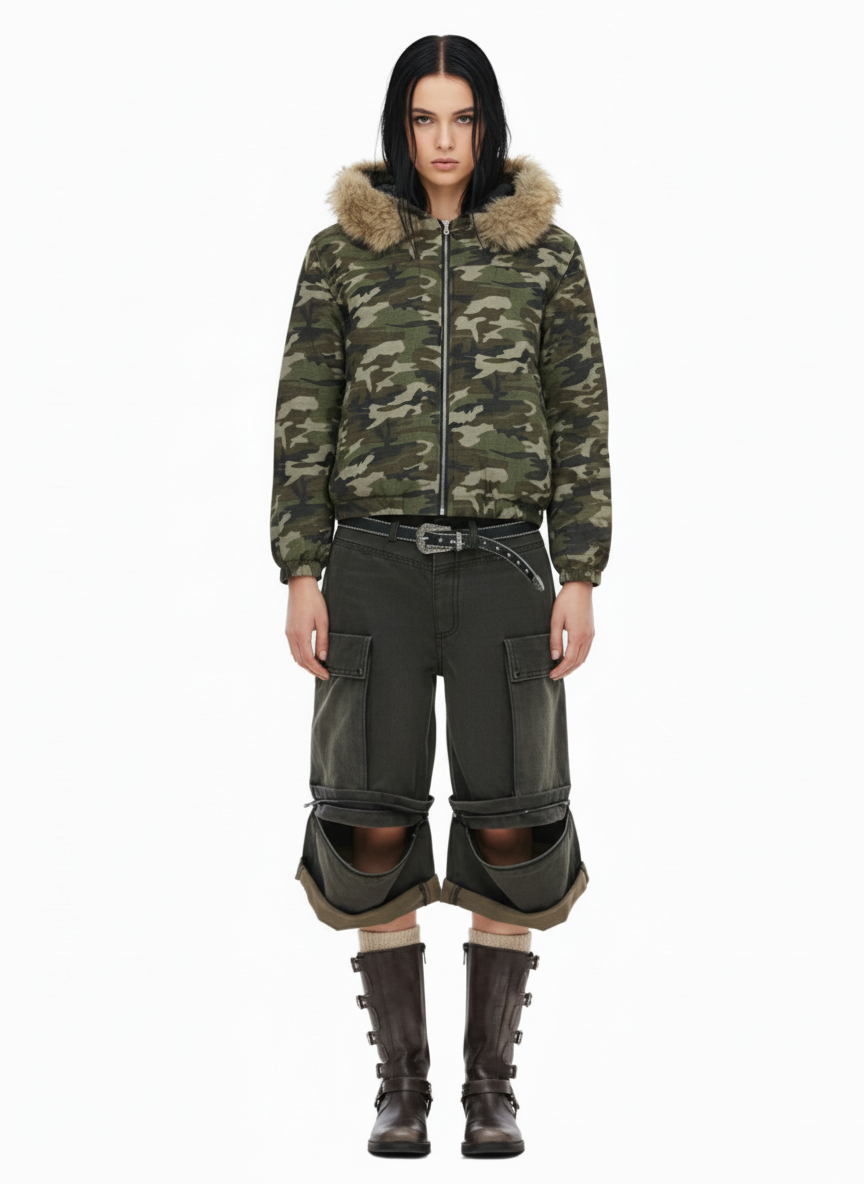 Detachable Fur Collar Forest Camo Padded Jacket