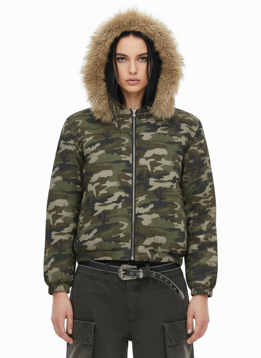 Detachable Fur Collar Forest Camo Padded Jacket