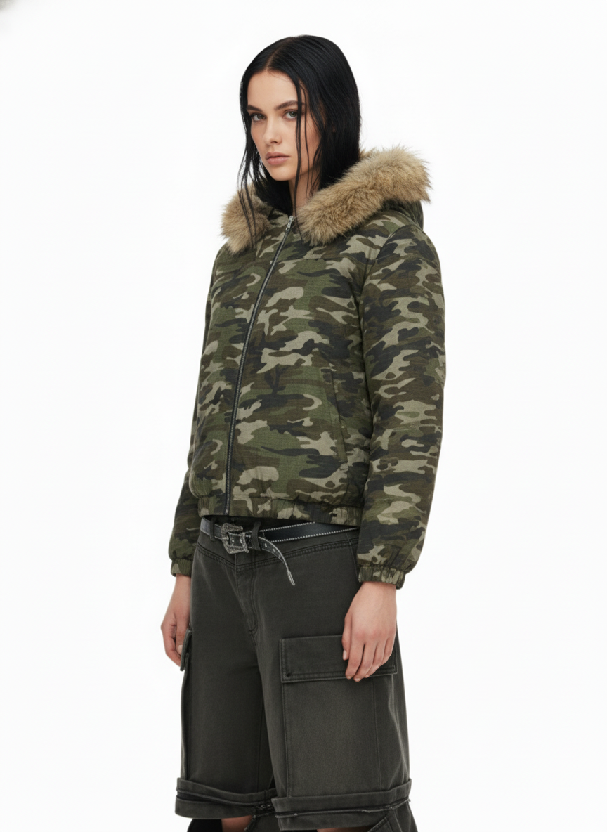 Detachable Fur Collar Forest Camo Padded Jacket