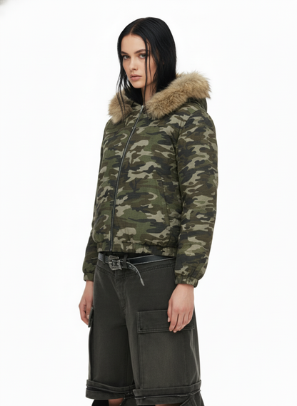 Detachable Fur Collar Forest Camo Padded Jacket