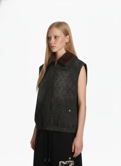 Vintage Leopard Print Fleece Zip Up Vest