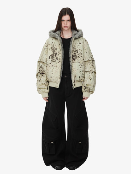 Splatter Print Faux Fur Collar Ruched Sleeve Zip-Up Jacket