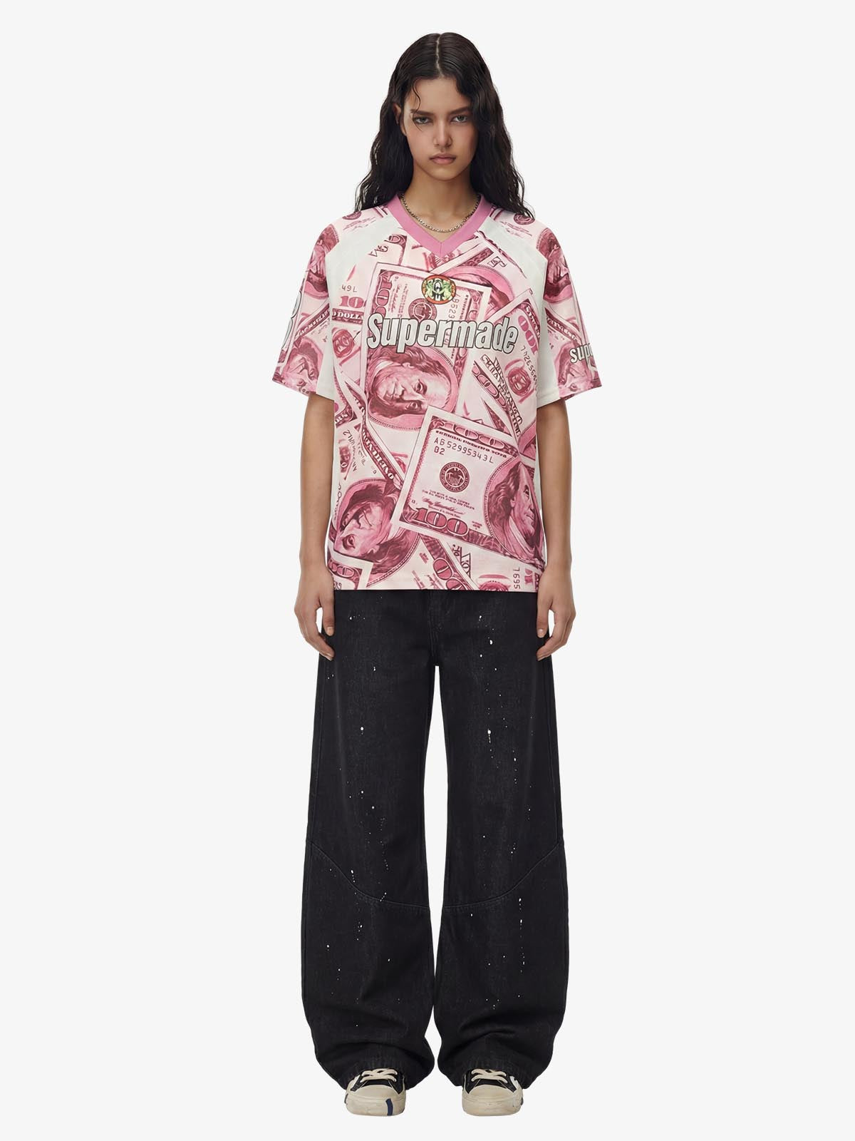 Supermade Money Print V-Neck Jersey T-Shirt