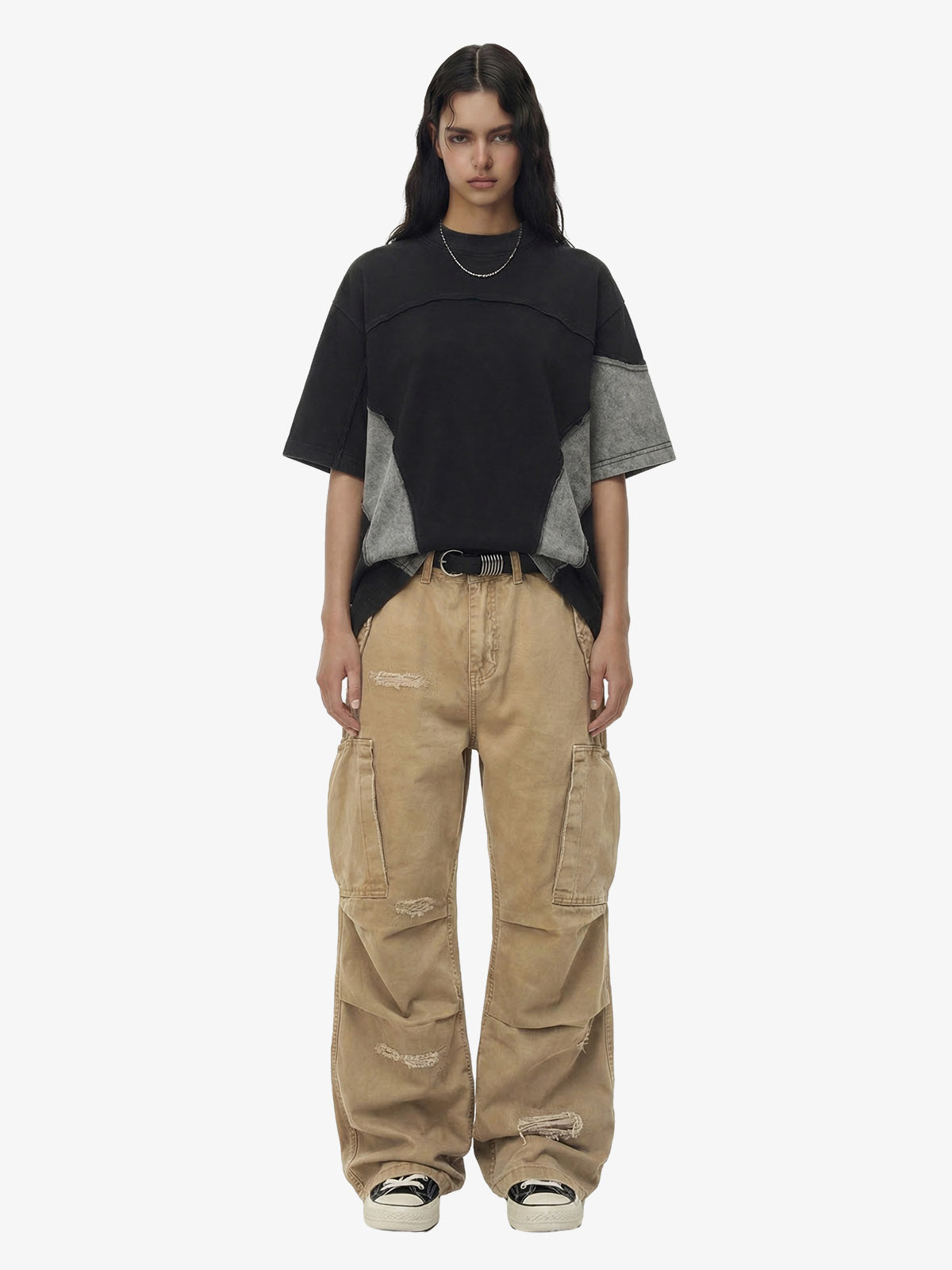 Cotton Hole Patch Pleated Multi-Pocket Cargo Casual Pants