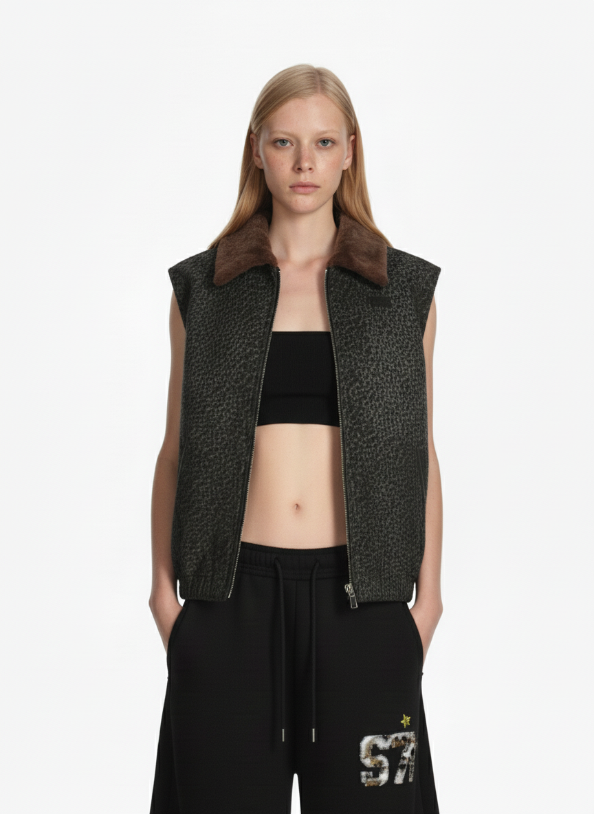 Vintage Leopard Print Fleece Zip Up Vest