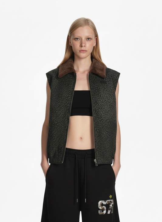 Vintage Leopard Print Fleece Zip Up Vest