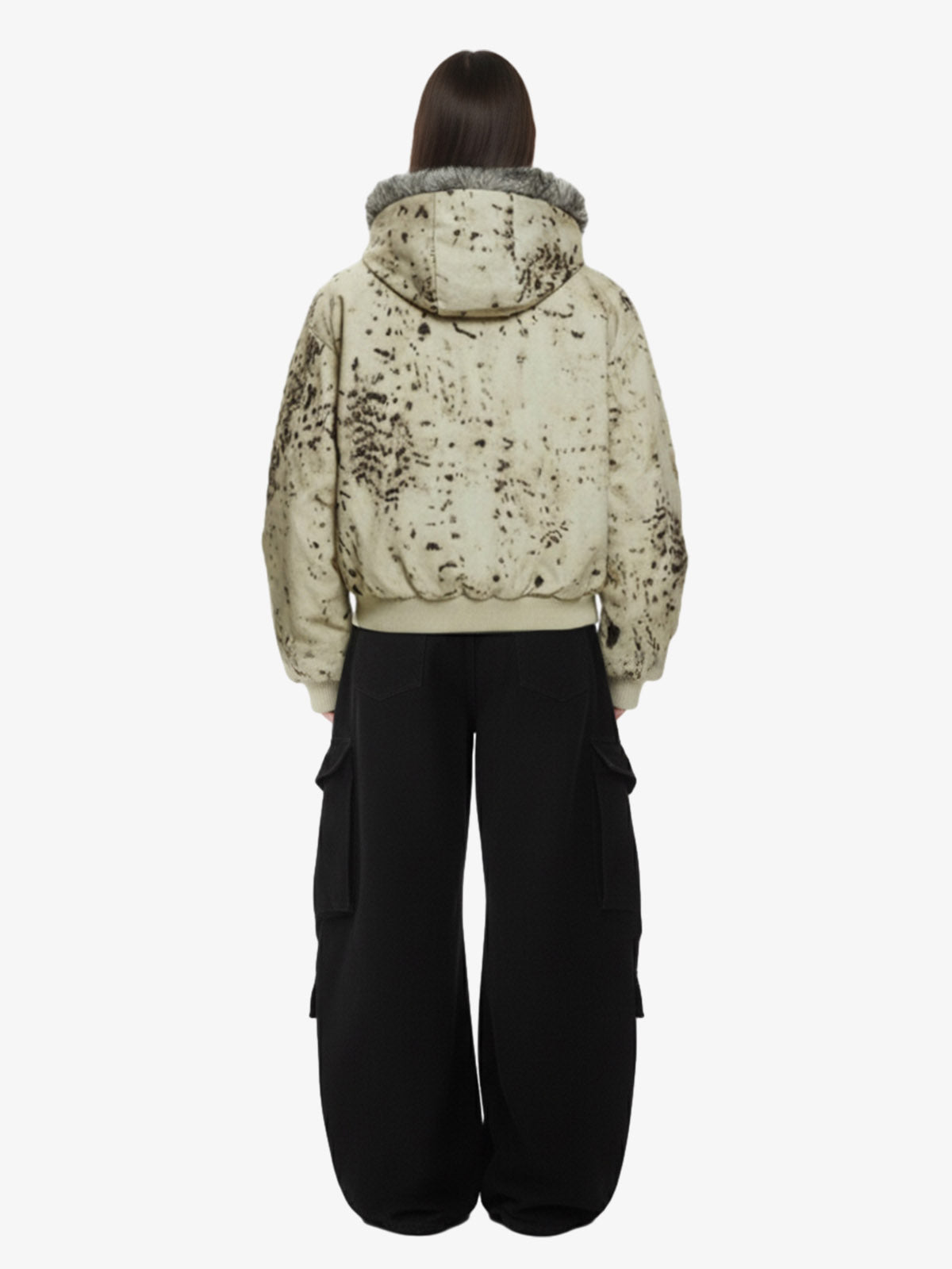 Splatter Print Faux Fur Collar Ruched Sleeve Zip-Up Jacket