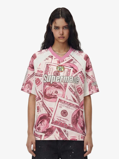 Supermade Money Print V-Neck Jersey T-Shirt