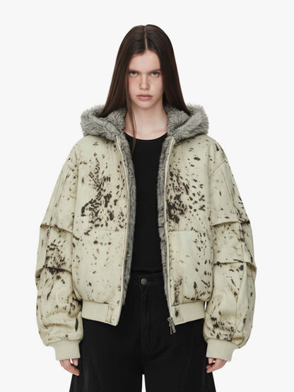 Splatter Print Faux Fur Collar Ruched Sleeve Zip-Up Jacket