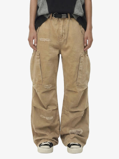 Cotton Hole Patch Pleated Multi-Pocket Cargo Casual Pants