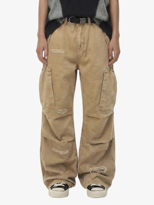 Cotton Hole Patch Pleated Multi-Pocket Cargo Casual Pants