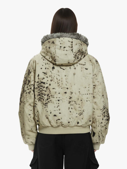 Splatter Print Faux Fur Collar Ruched Sleeve Zip-Up Jacket