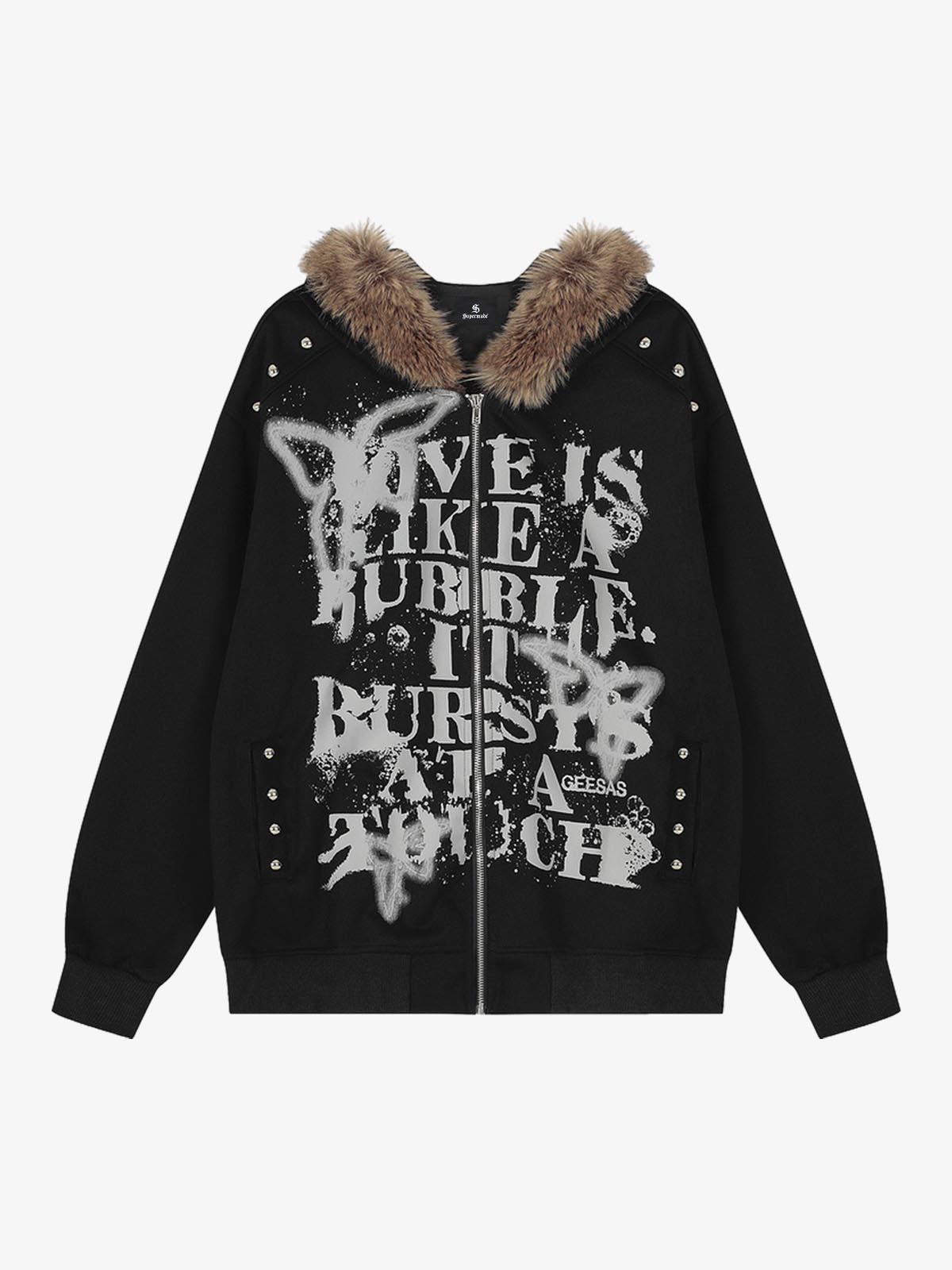 Street Punk Letter Print Fur Collar Hooded Sweatshirt 