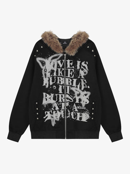 Street Punk Letter Print Fur Collar Hooded Sweatshirt 