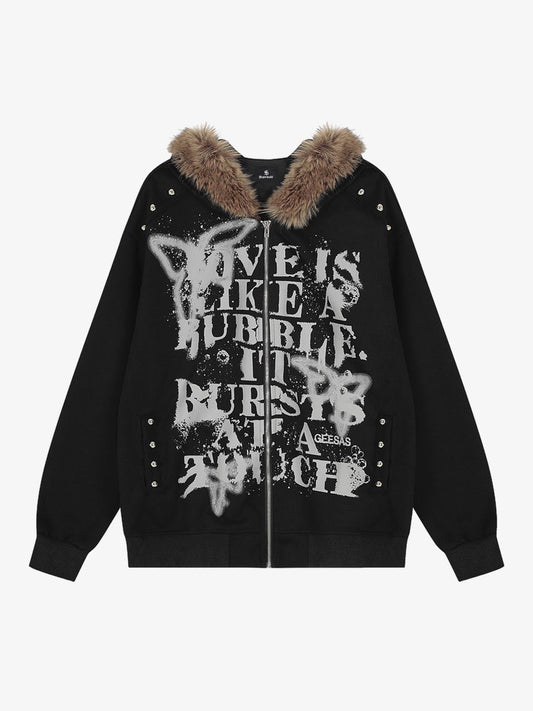 Street Punk Letter Print Fur Collar Hooded Sweatshirt 