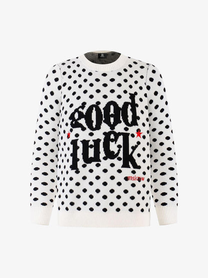Retro Polka Dot Letter Jacquard Loose Knit Sweater 