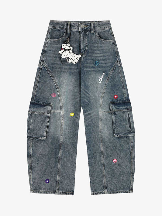 Vintage Embroidered washed Workwear Doll-Decorated Scimitar Jeans 