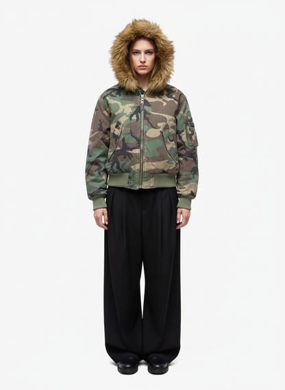 Camouflage Fur Collar Reversible Cotton Jacket - 2499
