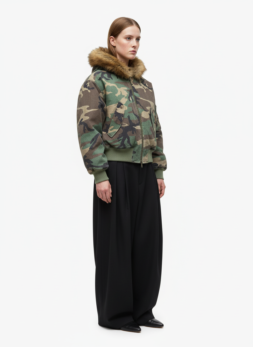 Camouflage Fur Collar Reversible Cotton Jacket - 2499