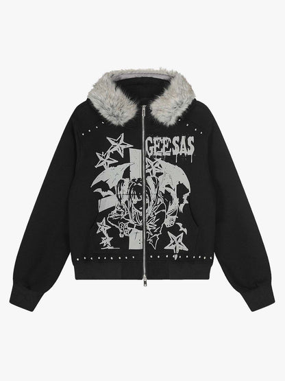 Retro Fur Collar Cartoon Pattern Zipper Hooded Sweatshirt 