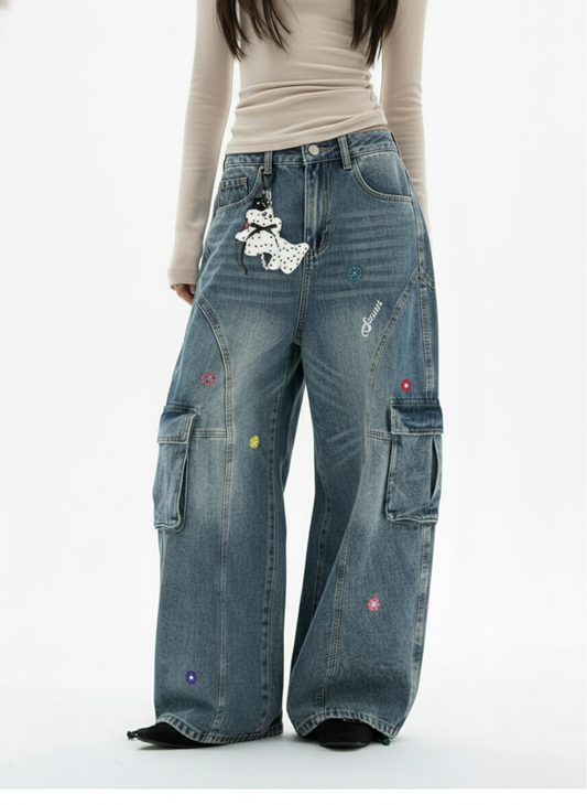 Vintage Embroidered Workwear Doll-Decorated Scimitar Jeans