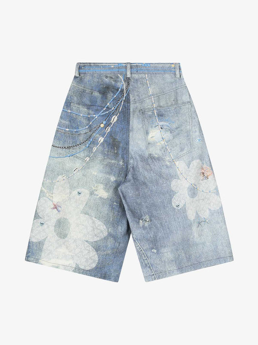 Distressed Dirty 3D Floral Denim Shorts 
